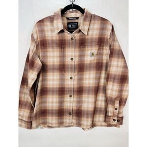 Carhartt Rugged Flex Loose Fit Womens Peach Maroon Flannel Shirt Size L Fall